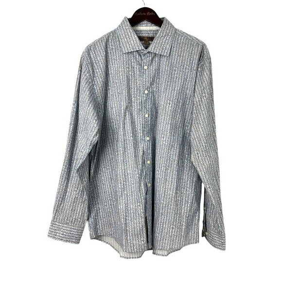 Pronto Uomo Men XXL Blue Tan Shirt Striped Floral Cotton Long Sleeve Button Up H - Picture 1 of 12